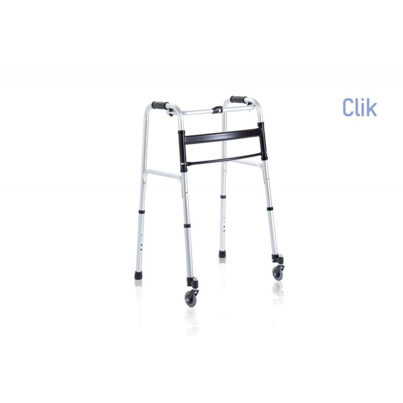 Deambulatore pieghevole in alluminio anodizzato – 2 puntali e 2 ruote piroettanti Ø 7 cm – Serie Click