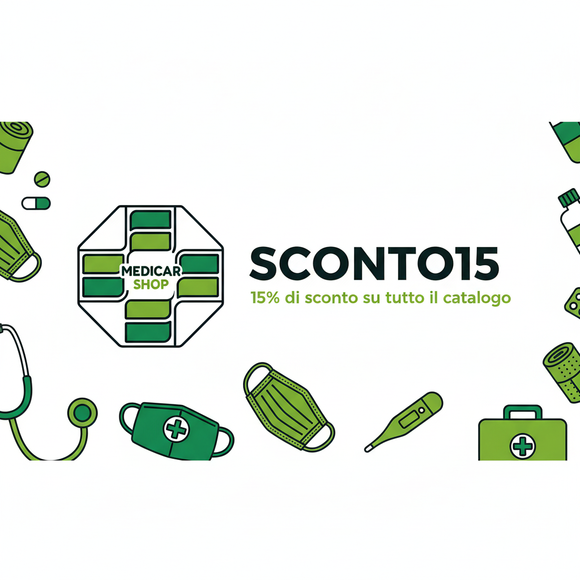 Banner promozionale SCONTO15 con elementi medicali