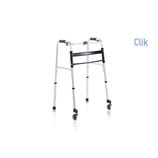 Deambulatore pieghevole in alluminio anodizzato – 2 puntali e 2 ruote piroettanti Ø 7 cm – Serie Click