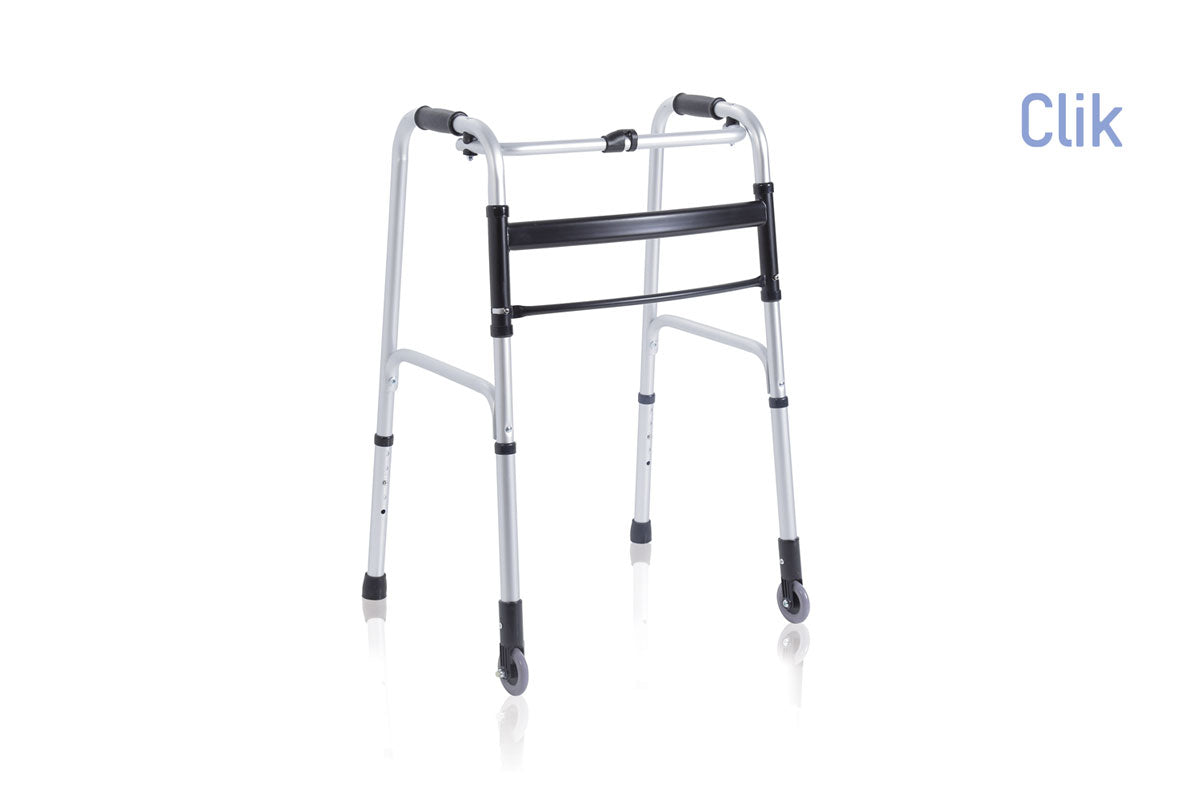 Deambulatore pieghevole in alluminio anodizzato – 2 puntali e 2 ruote fisse Ø 7 cm – Serie Click