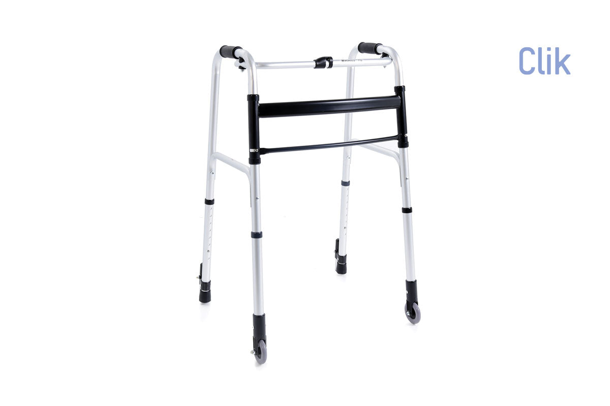 Deambulatore pieghevole in alluminio anodizzato – 2 puntali con sistema autobloccante e 2 ruote fisse Ø 7 cm – Serie Click
