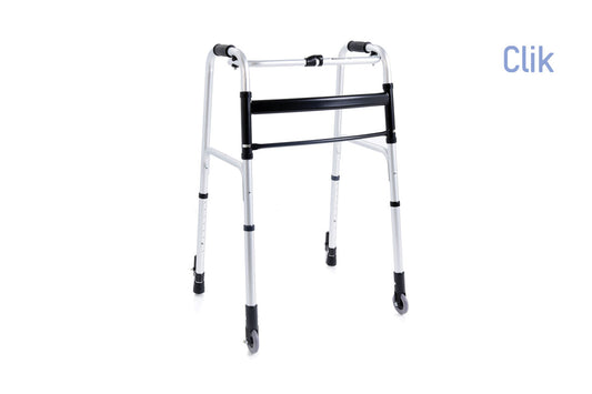 Deambulatore pieghevole in alluminio anodizzato – 2 puntali con sistema autobloccante e 2 ruote fisse Ø 7 cm – Serie Click