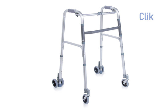 Deambulatore pieghevole in alluminio anodizzato – 2 ruote piroettanti e 2 gemellate con rotazione frizionata Ø10 cm – Click