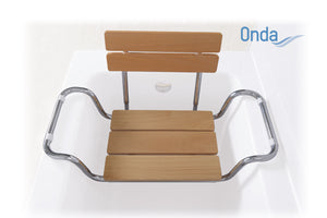Sedile per vasca da bagno in acciaio cromato – Seduta e schienale in legno – Serie Onda