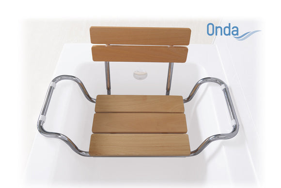 Sedile per vasca da bagno in acciaio cromato – Seduta e schienale in legno – Serie Onda