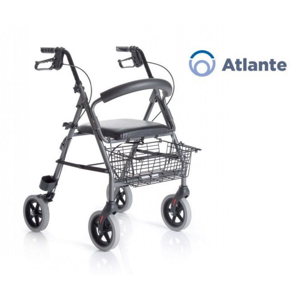 Rollator pieghevole in alluminio verniciato – 4 ruote – Con seduta imbottita e cestino – Atlante
